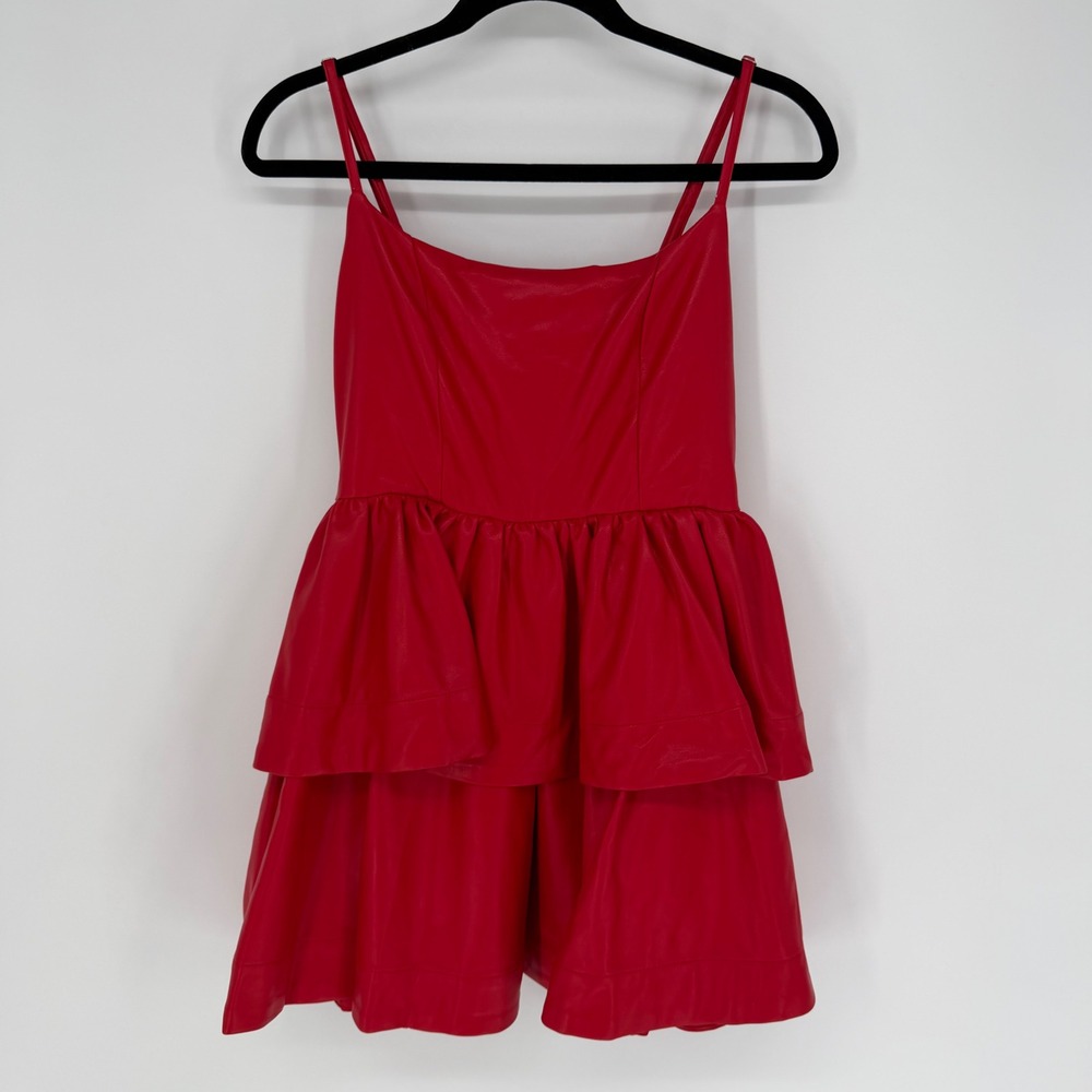 OLIVACEOUS TIERED FAUX LEATHER MINI DRESS APPLE RED VEGAN MEDIUM EDGY PARTY WEAR
